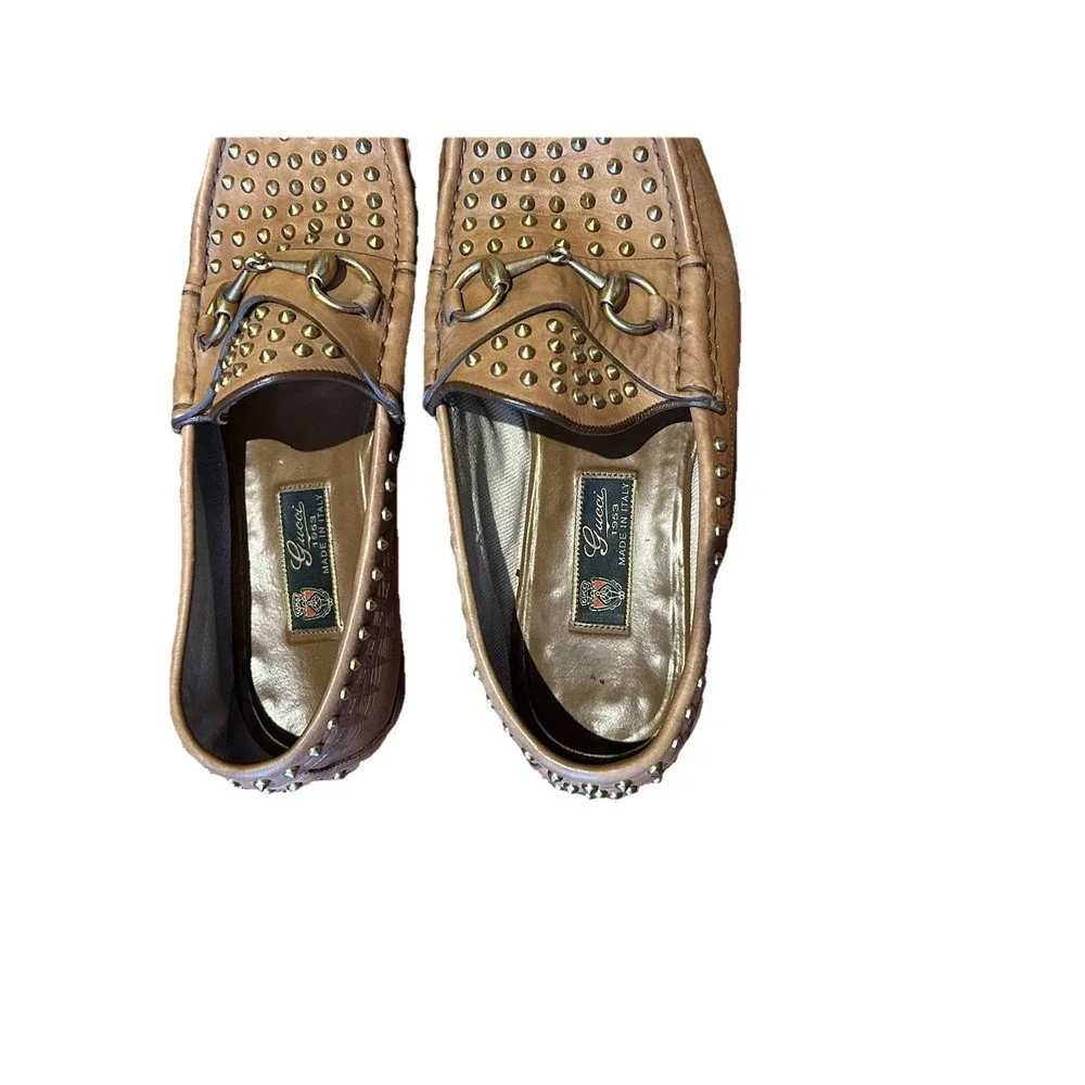 Gucci 1953 Shoes Horsebit Studded Dress Loafers Brown Mens Sz US‎ 9